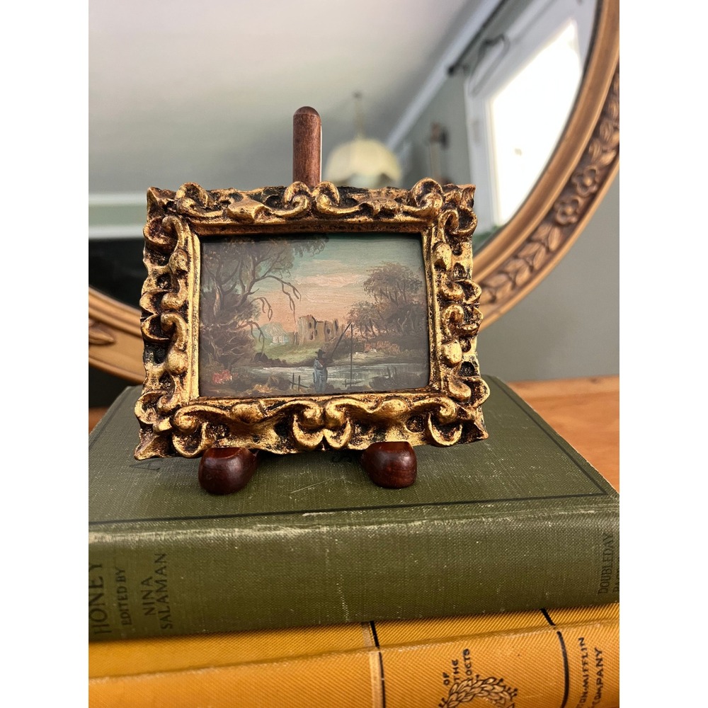 Vintage European Miniature Oil Painting Man Fishing Ornate Gold Gesso Frame 5x4